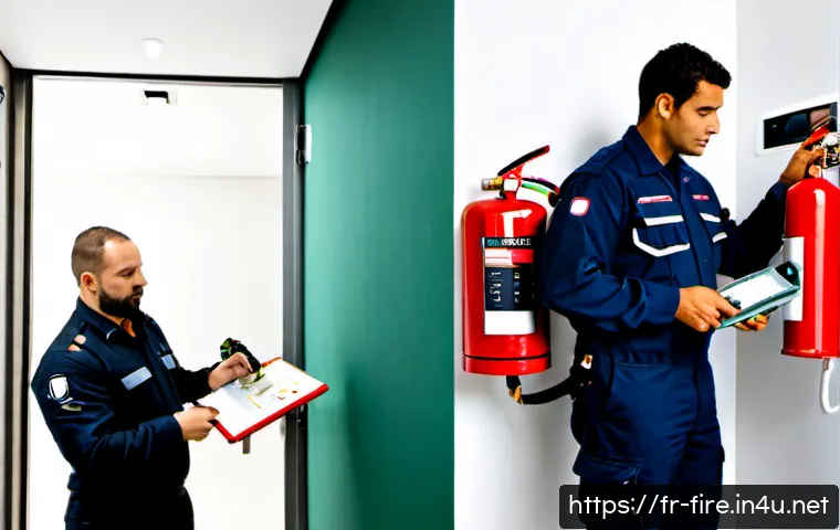 화재안전관리기술자와 소방시설관리사의 차이점 - Photorealistic split-scene comparison in a modern French commercial building: on the left, a fire sa...