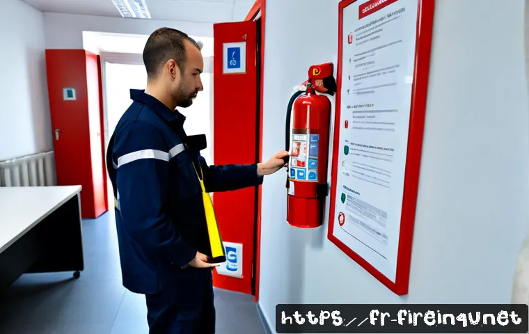 화재안전관리 실무를 위한 소방 시설 점검 사례 - Photorealistic fire safety inspection in a modern French office building corridor, a professional te...