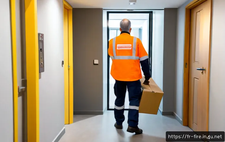 Home 17 화재안전관리 실무에서 자주 발생하는 오류와 해결법 - Photorealistic fire safety inspection in a modern French office building corridor, a middle-aged fac...