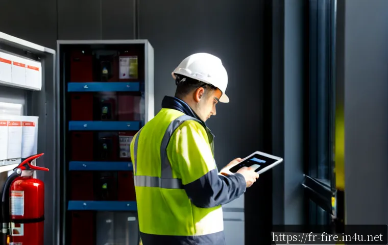 화재안전관리 직무에서의 목표 달성 전략 - Photorealistic French fire safety manager in a modern office building, wearing a neat high-visibilit...