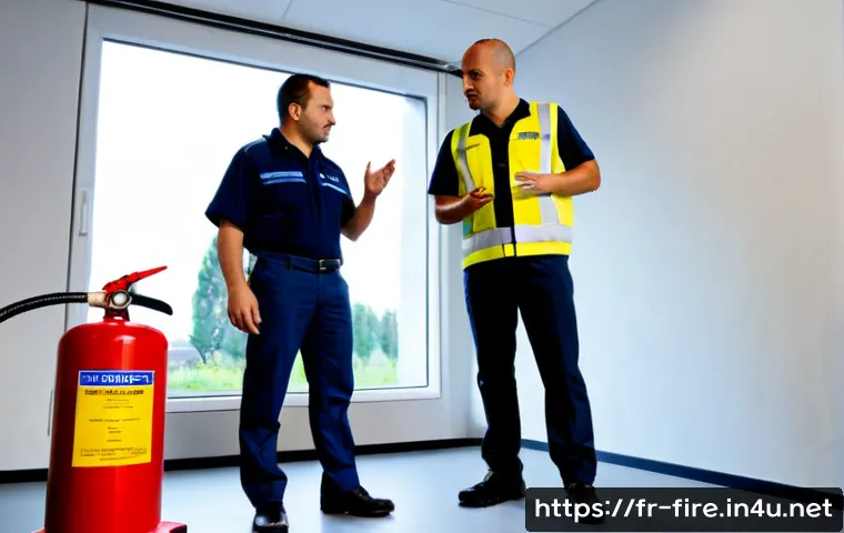 화재안전관리 실무자의 협업과 갈등 관리 - Photorealistic scene inside a modern French commercial building safety office, a fire safety manager...