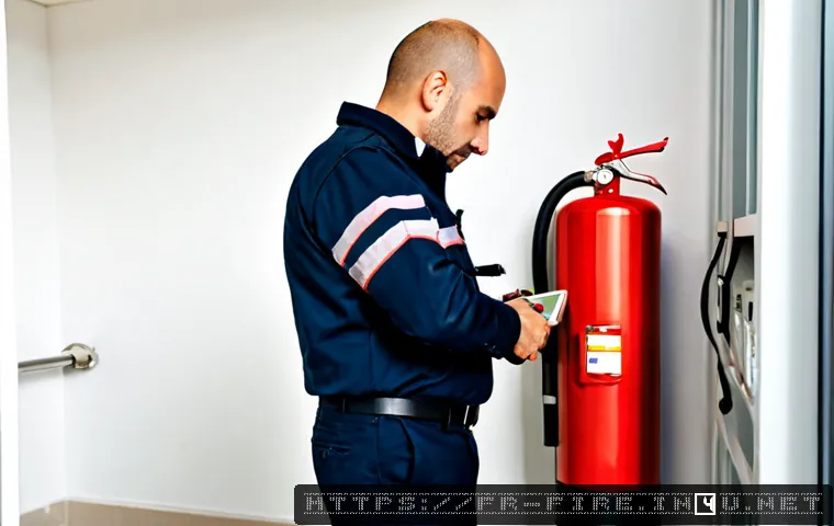 화재안전관리 직무에서 자주 발생하는 문제 해결 - Photorealistic French fire safety manager in a modern office building utility corridor, calmly inspe...