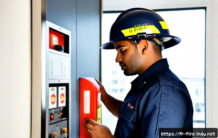 화재안전관리 기술자 자격증 취득 후 진로 옵션 - Photorealistic French fire safety technician inspecting a modern office building fire alarm control ...