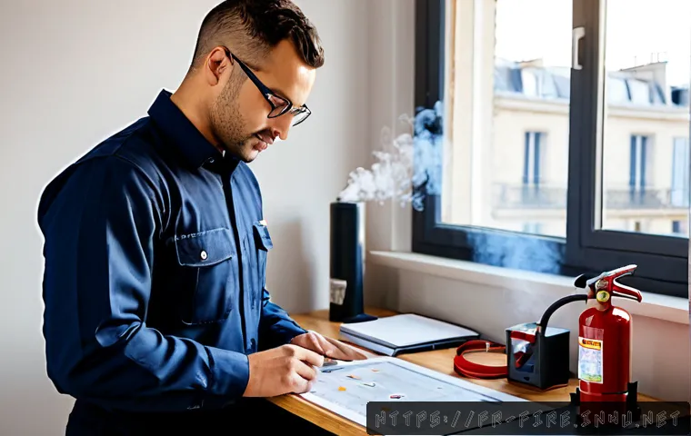 Home 17 화재안전관리 기술자의 시험 준비 요령 - Photorealistic French fire safety technician preparing for a professional certification exam at a ti...